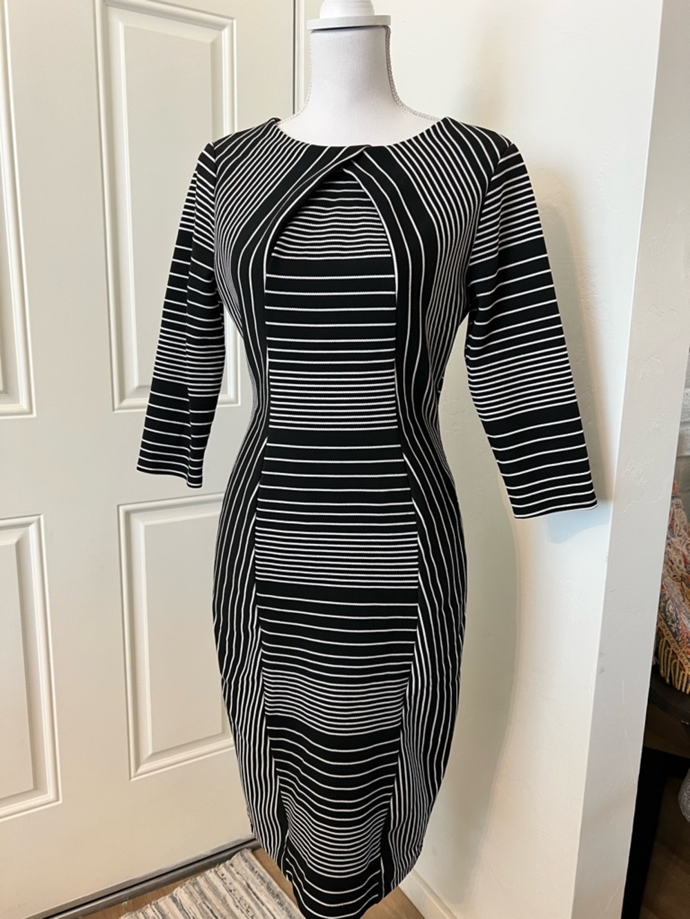 New York & Company Black and White Striped Long Sleeve Sheath Dress
